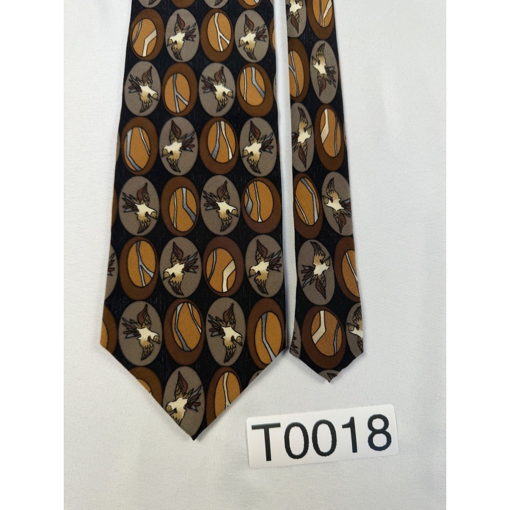 J Garcia Mens Silk Necktie Abstract Eagle Bird Print Black Brown Gold Vintage